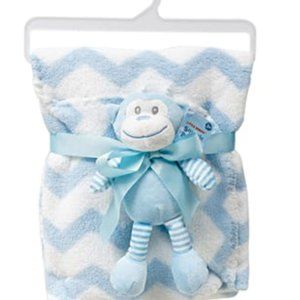 Little Mimos Snuggle Buddies Blue/White Chevron Blanket and Toy Bear Set NWT